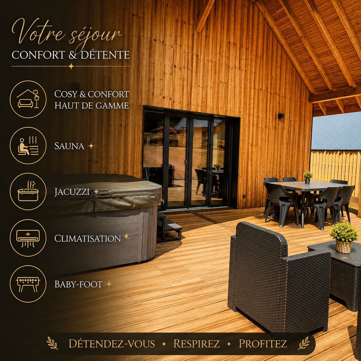 Chalet LSN6 avec sauna, jacuzzi, climatisation et piscine commune en été